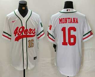 Mens San Francisco 49ers #16 Joe Montana Number White Mexico Cool Base Stitched Baseball Jersey